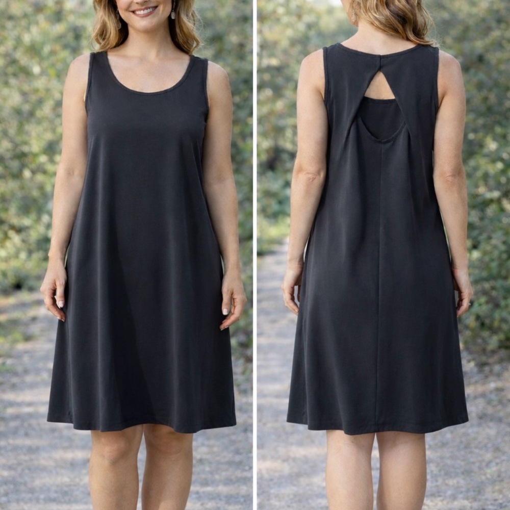 Sigrid Olsen Dress L Large Dark Gray Cutout Back Washable Sleeveless Stretch NWT